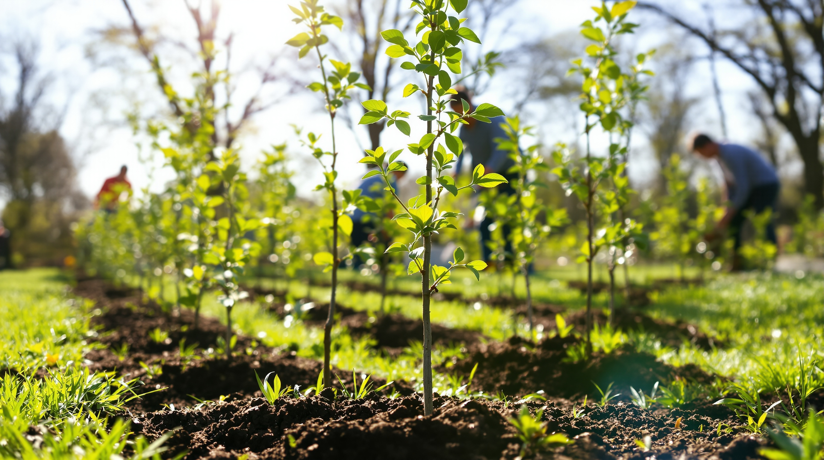 Freshly planted young trees in a sunny community park on a spring day