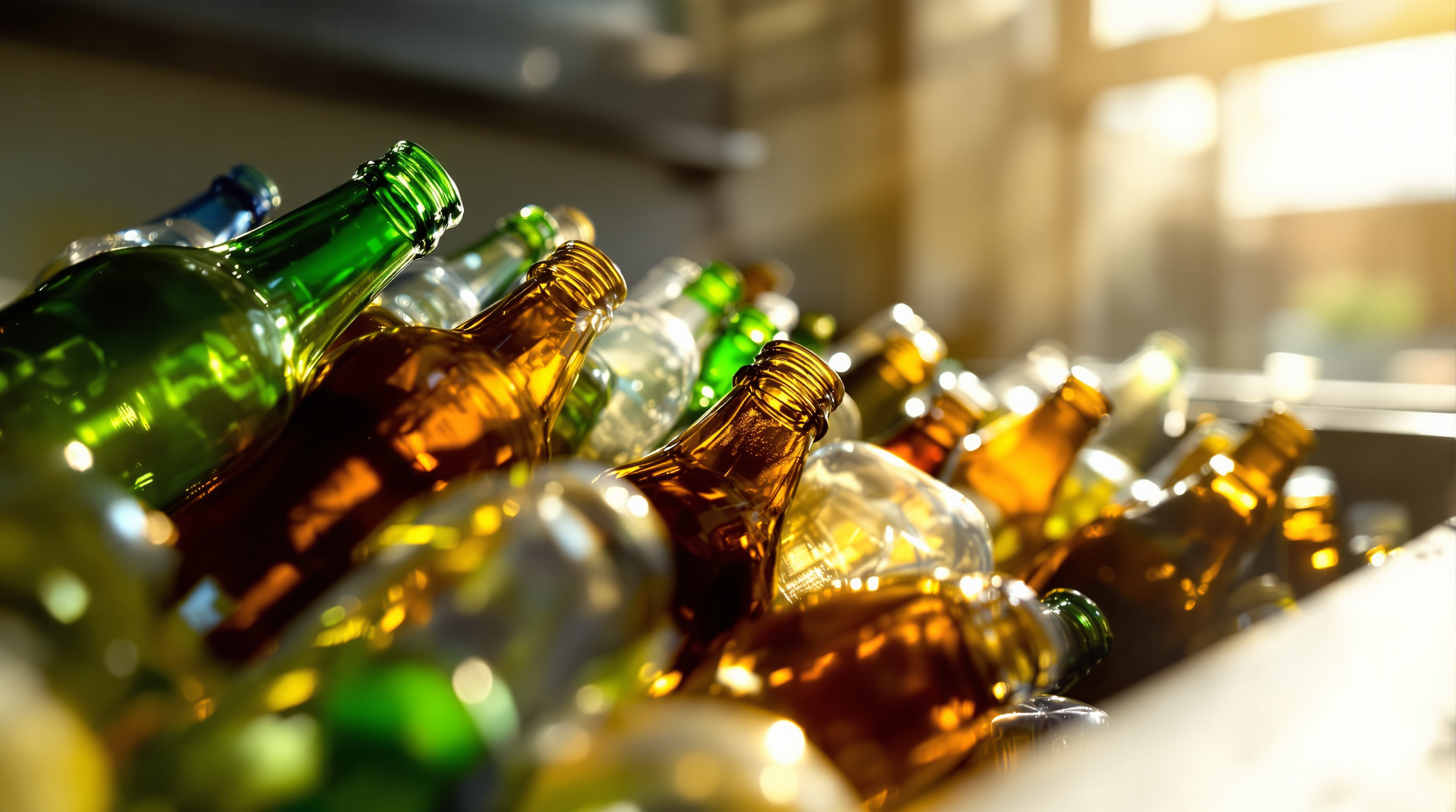 Green, brown and clear glass bottles gathered for recycling in sunlight