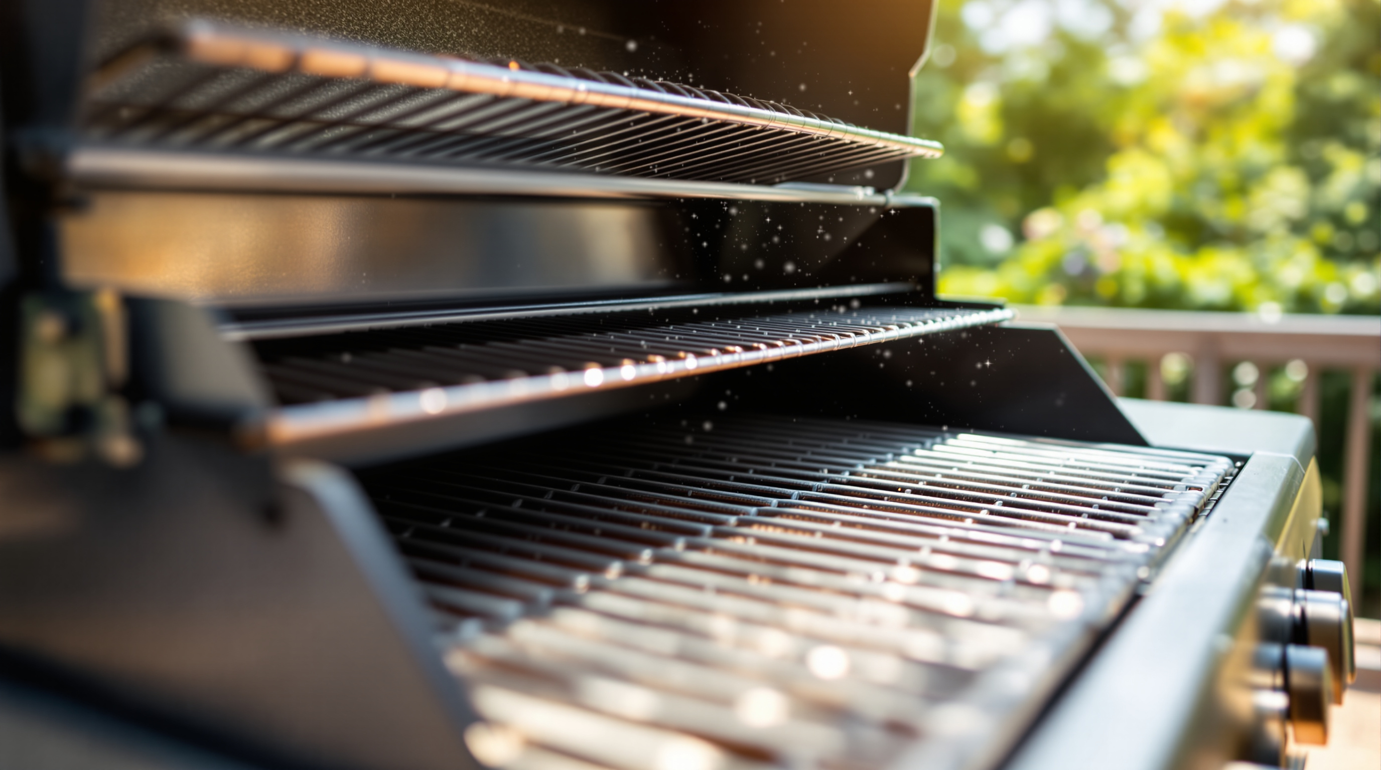 Sparkling clean stainless steel grill grates on an open barbecue in sunlight