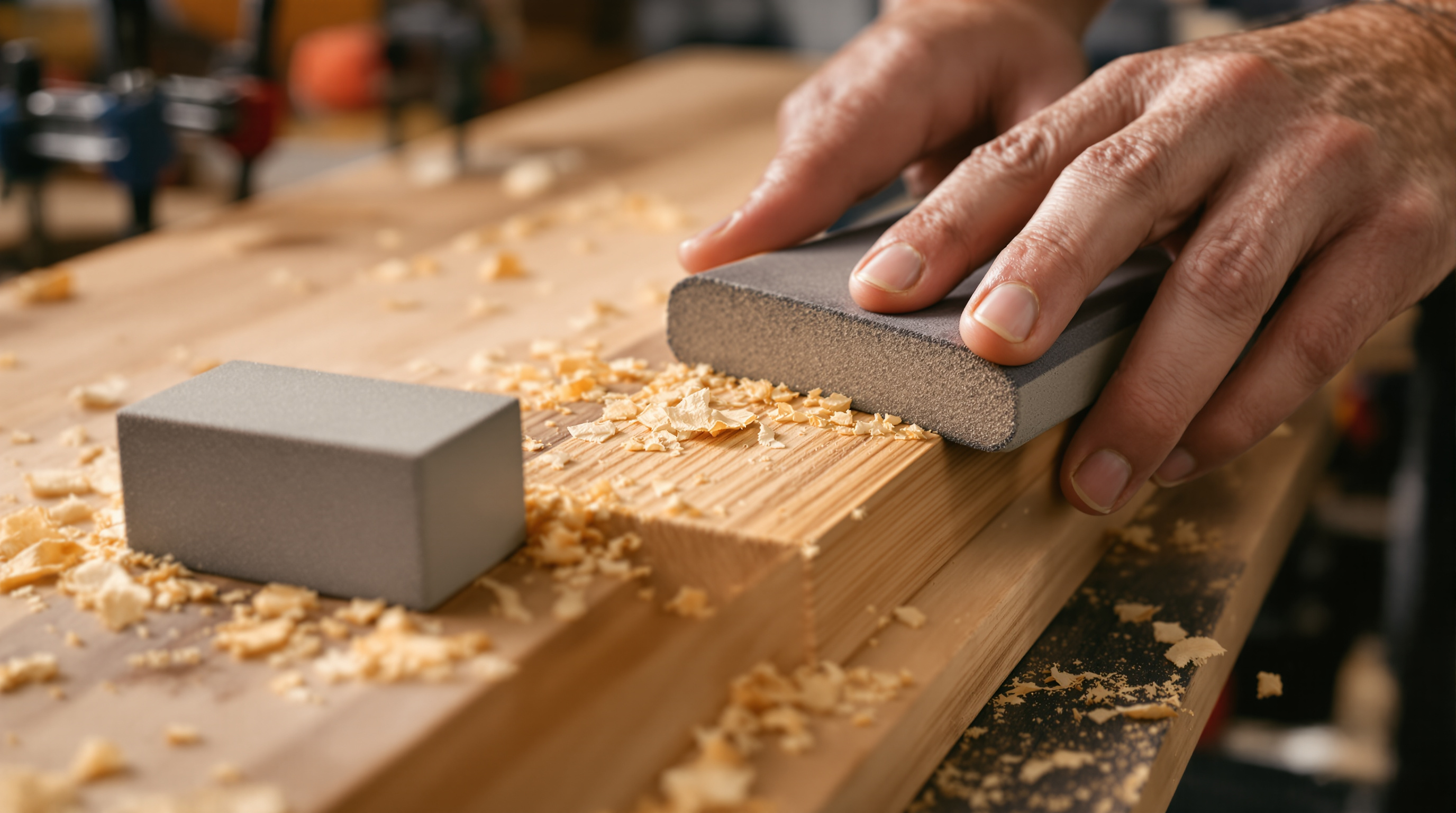 Hands smoothing the edge of an oak board with a gray abrasive sanding block