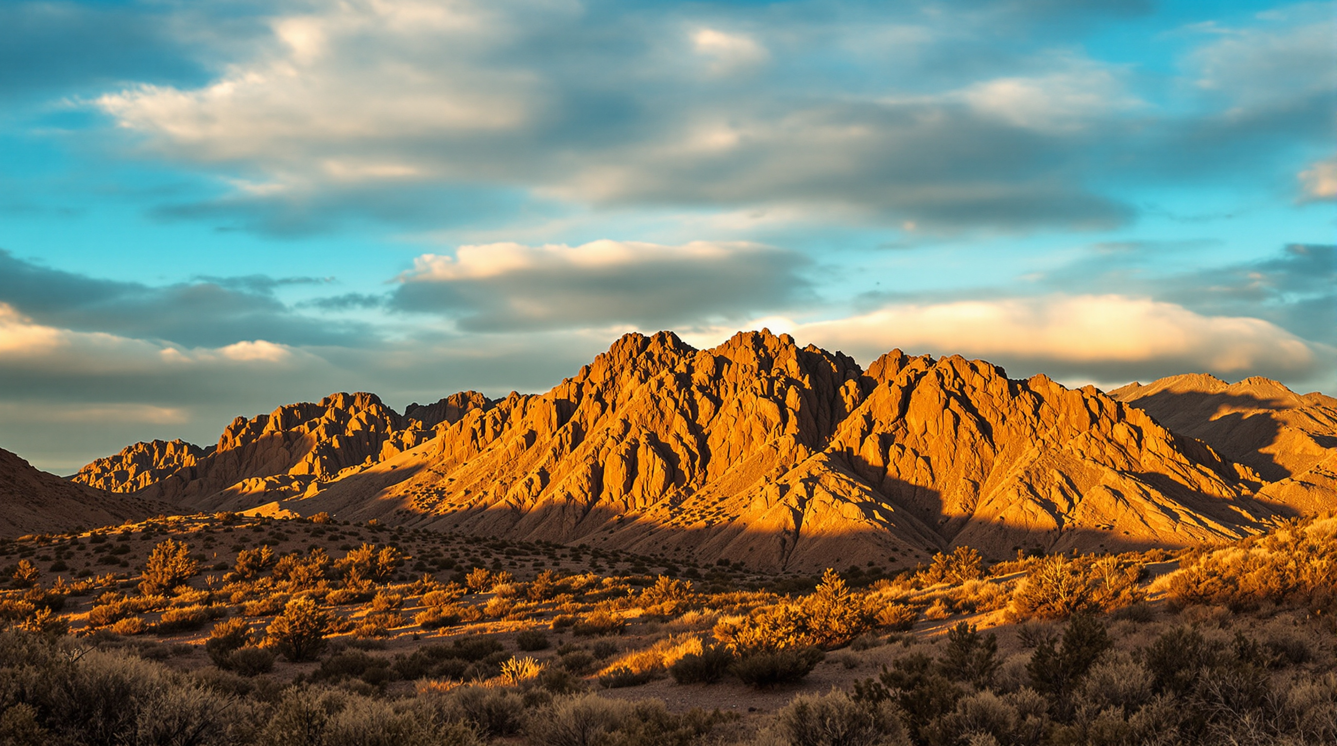 Rugged volcanic mountains of northern New Mexico at golden hour