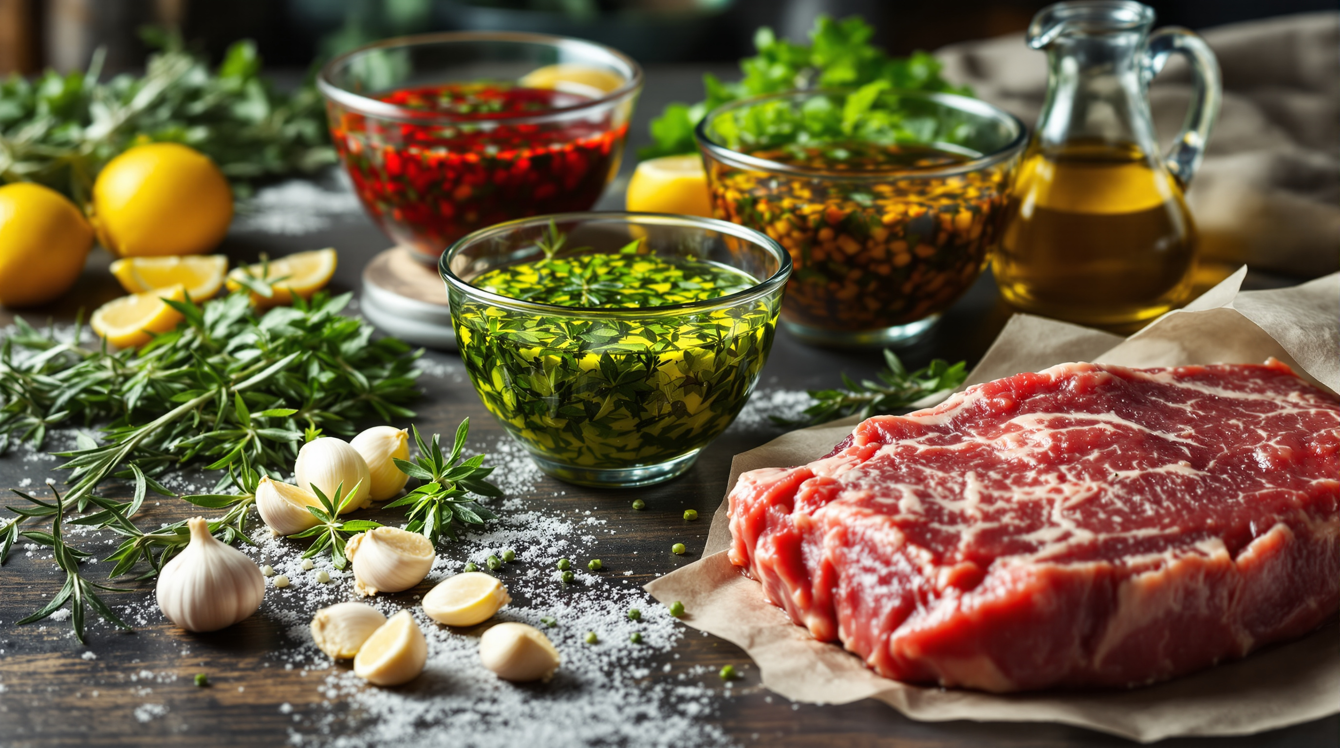 Glass bowls of marinades with fresh herbs, garlic and lemon on a rustic counter