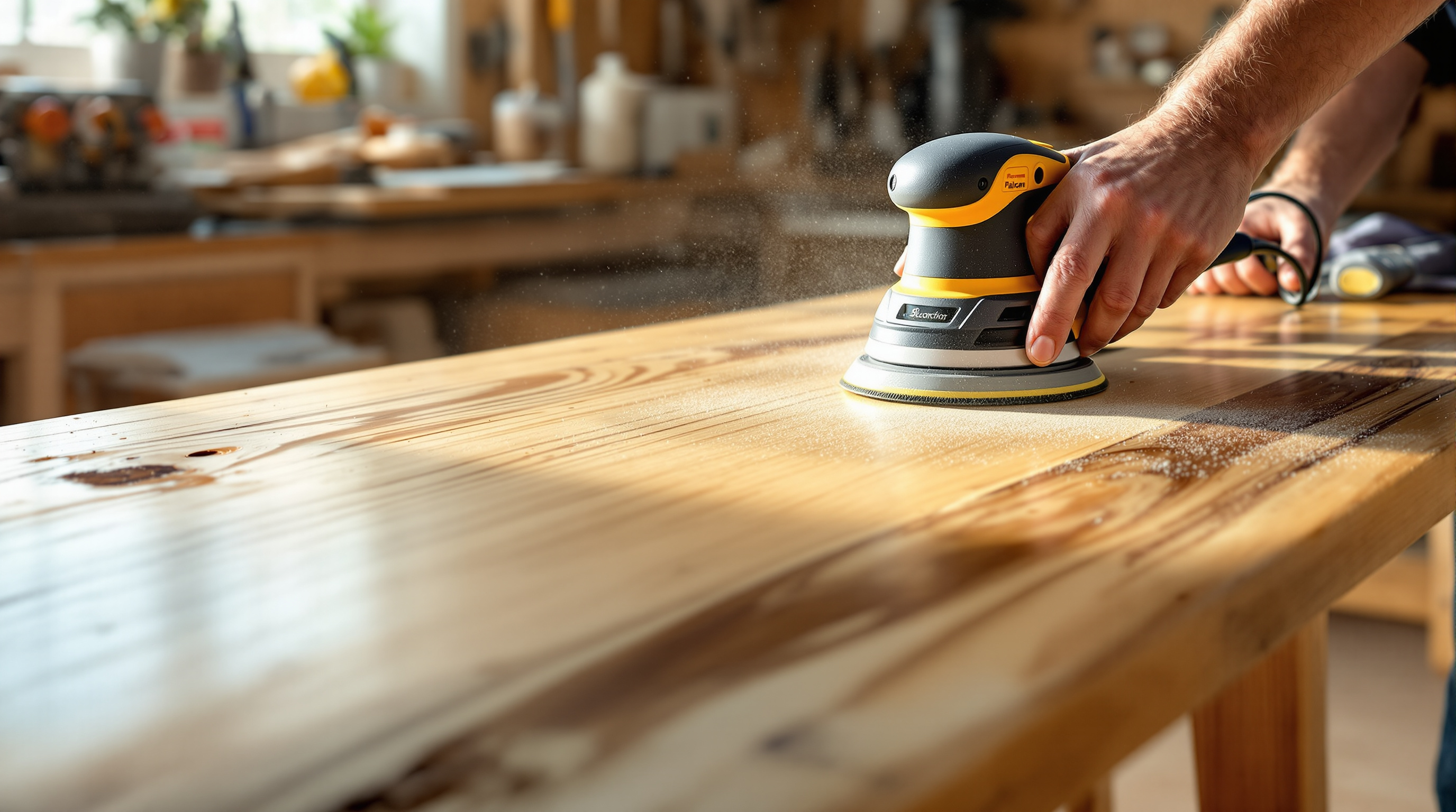 Orbital palm sander smoothing a reclaimed wood tabletop in a bright workshop