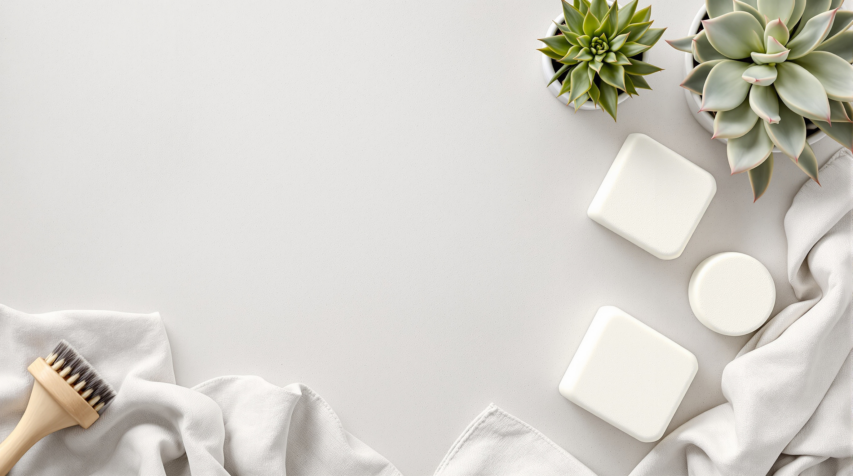 Flat lay of eco-friendly cleaning blocks, brush and linen cloth on a concrete surface