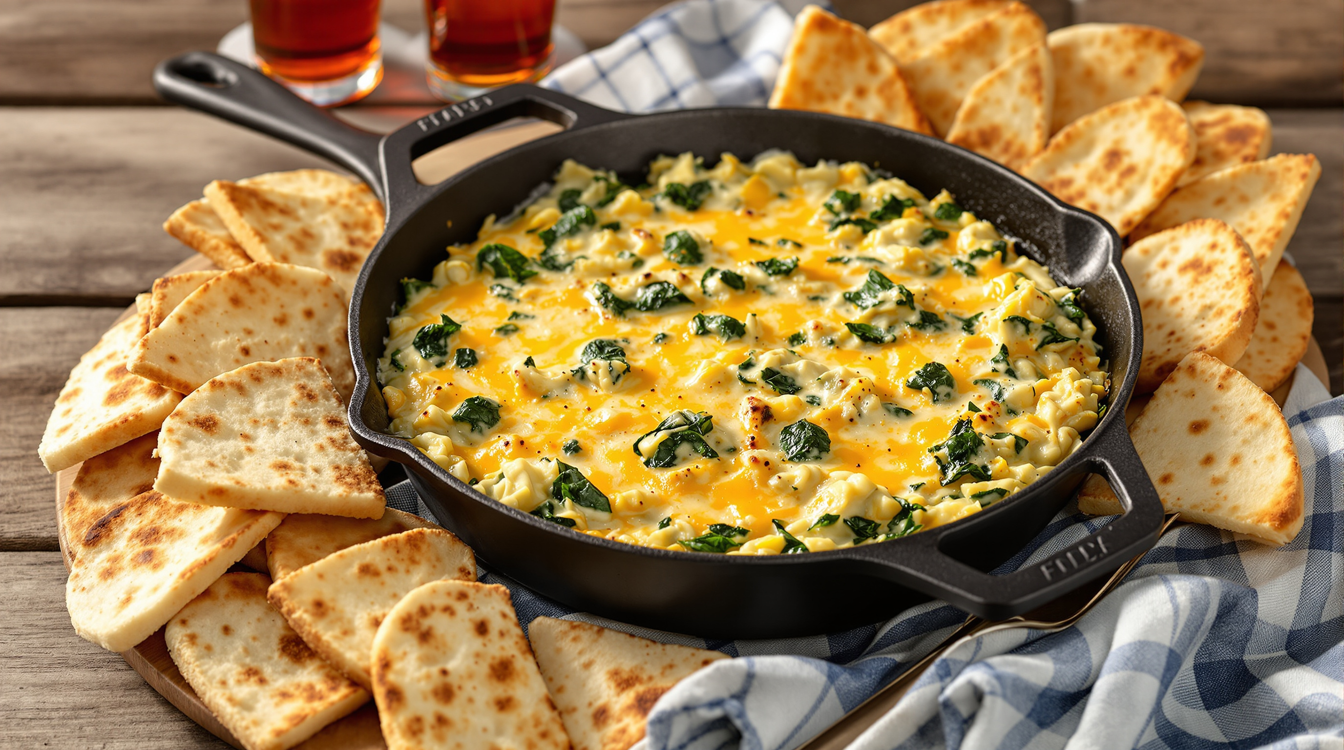 Bubbling artichoke and spinach dip in a cast iron skillet with toasted pita wedges