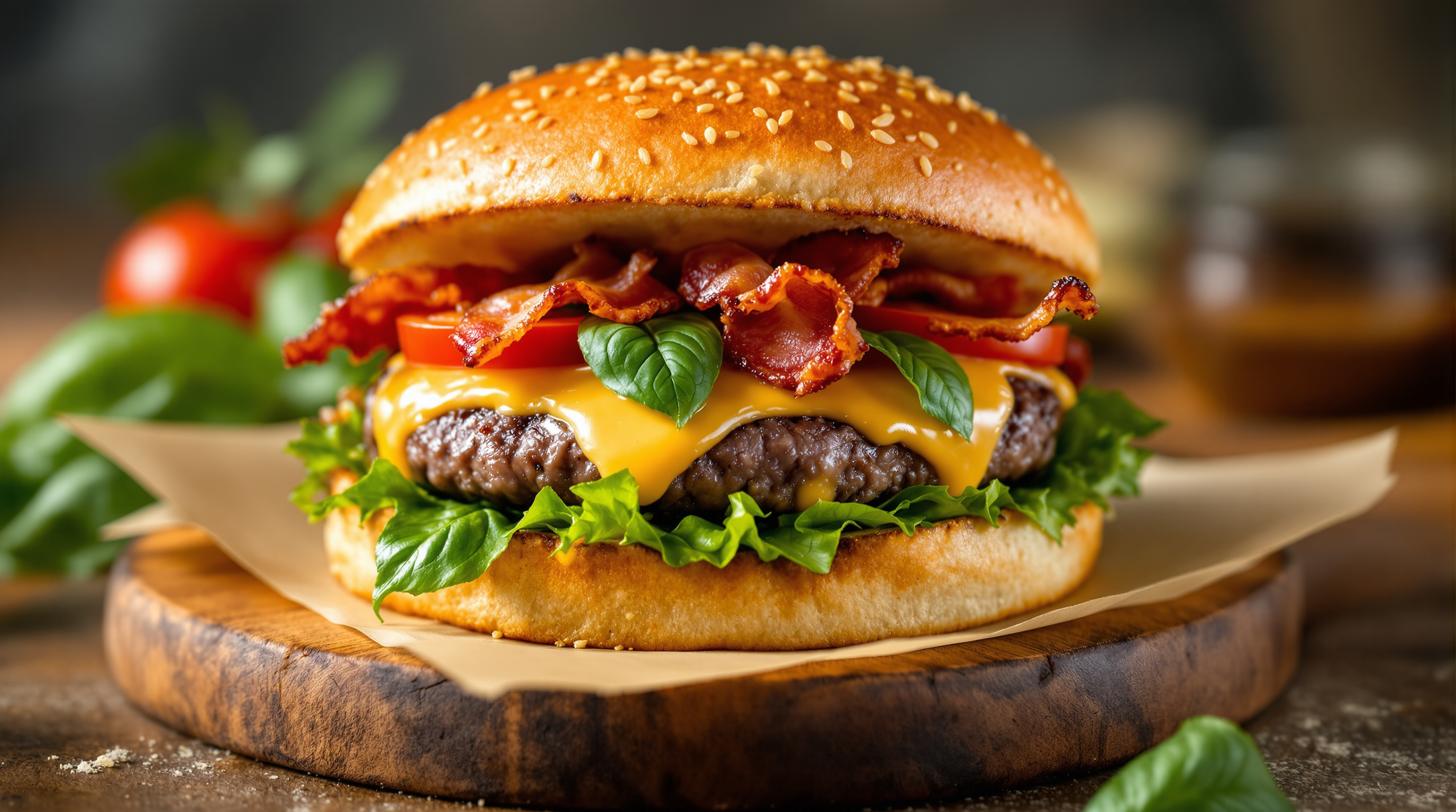 Gourmet burger with melted cheese, tomato and basil on toasted garlic bread