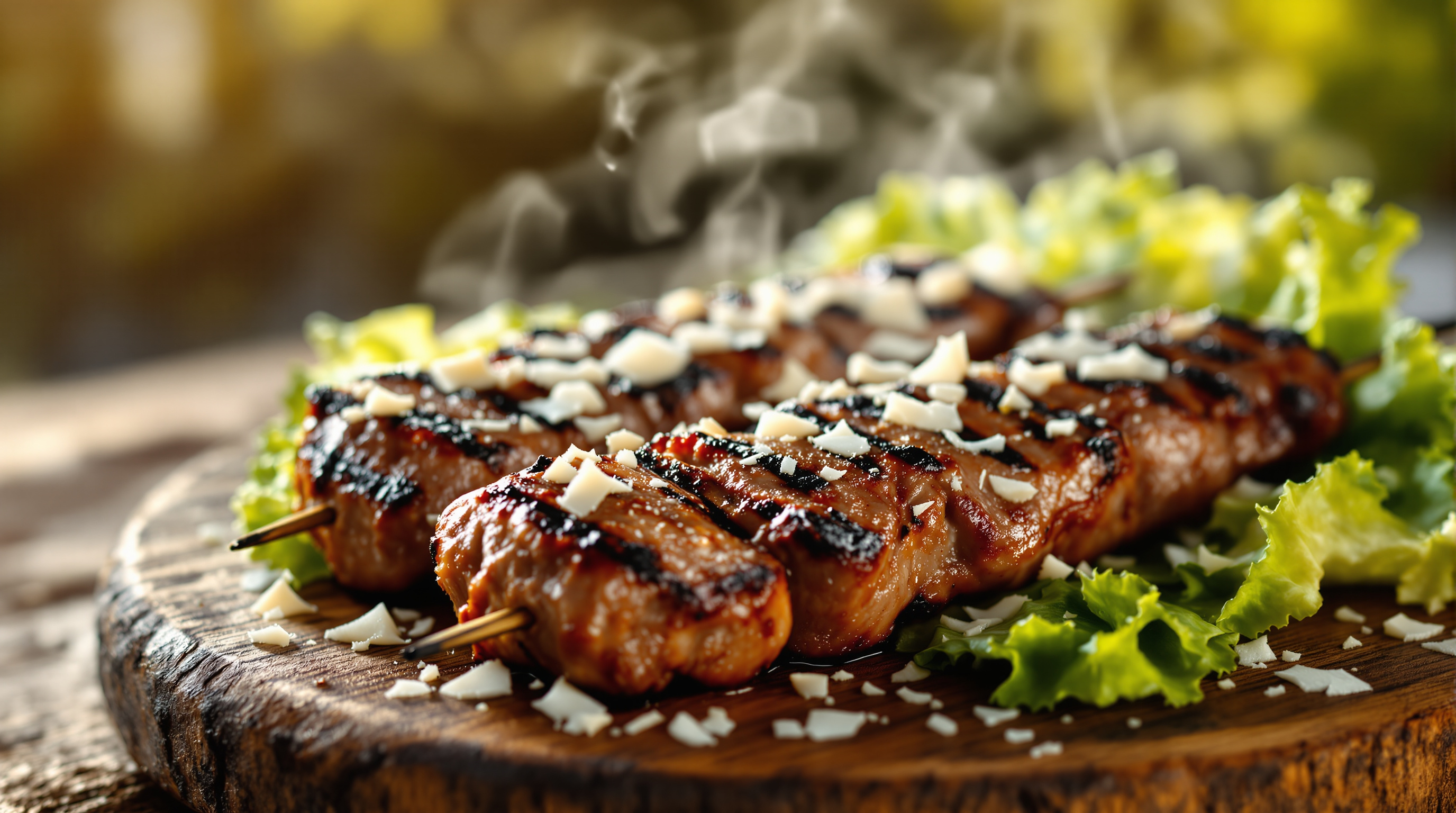 Beef and vegetable kabobs with charred edges on a rustic platter