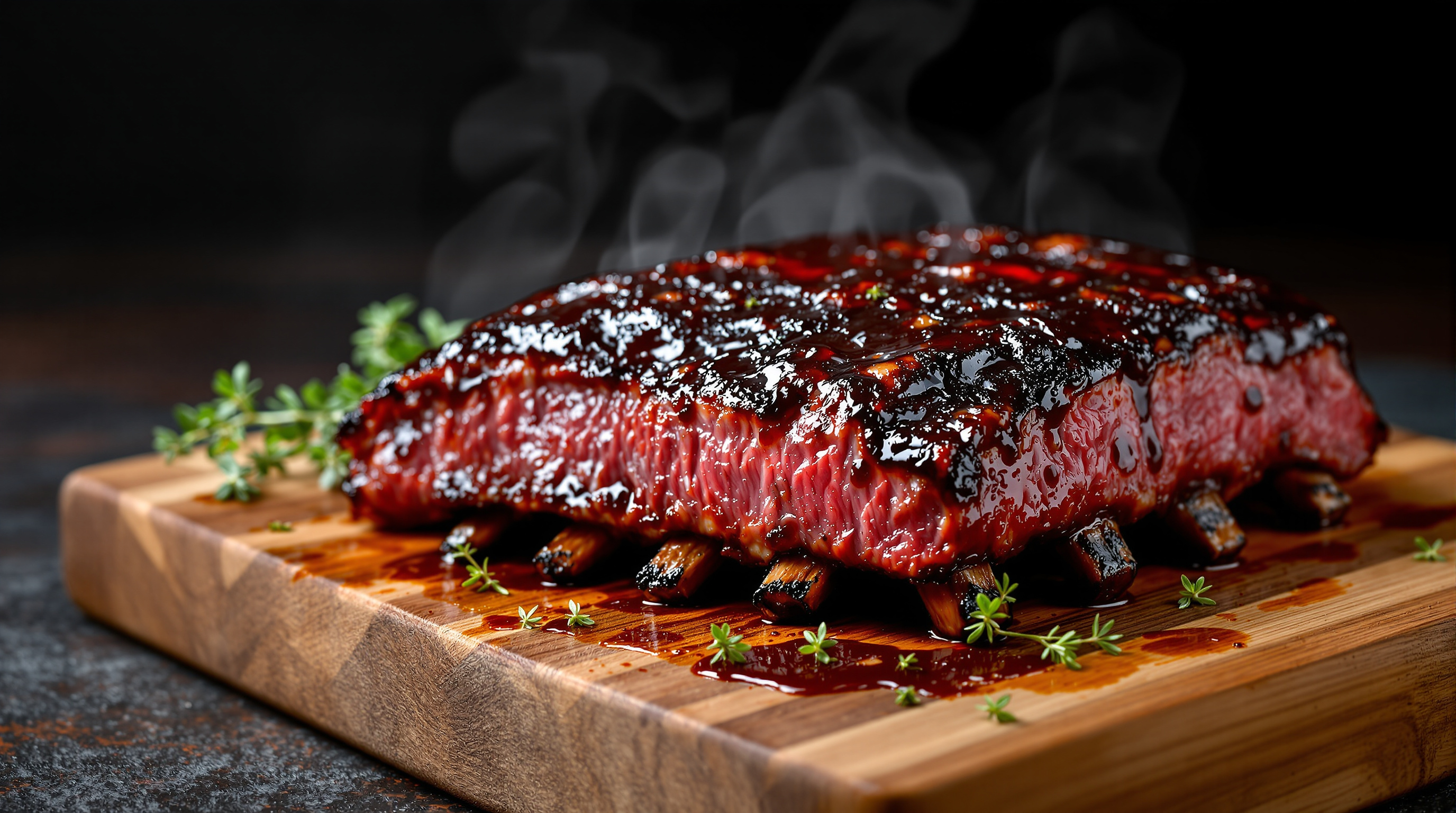 Glazed barbecued pork with caramelized exterior sliced on a board