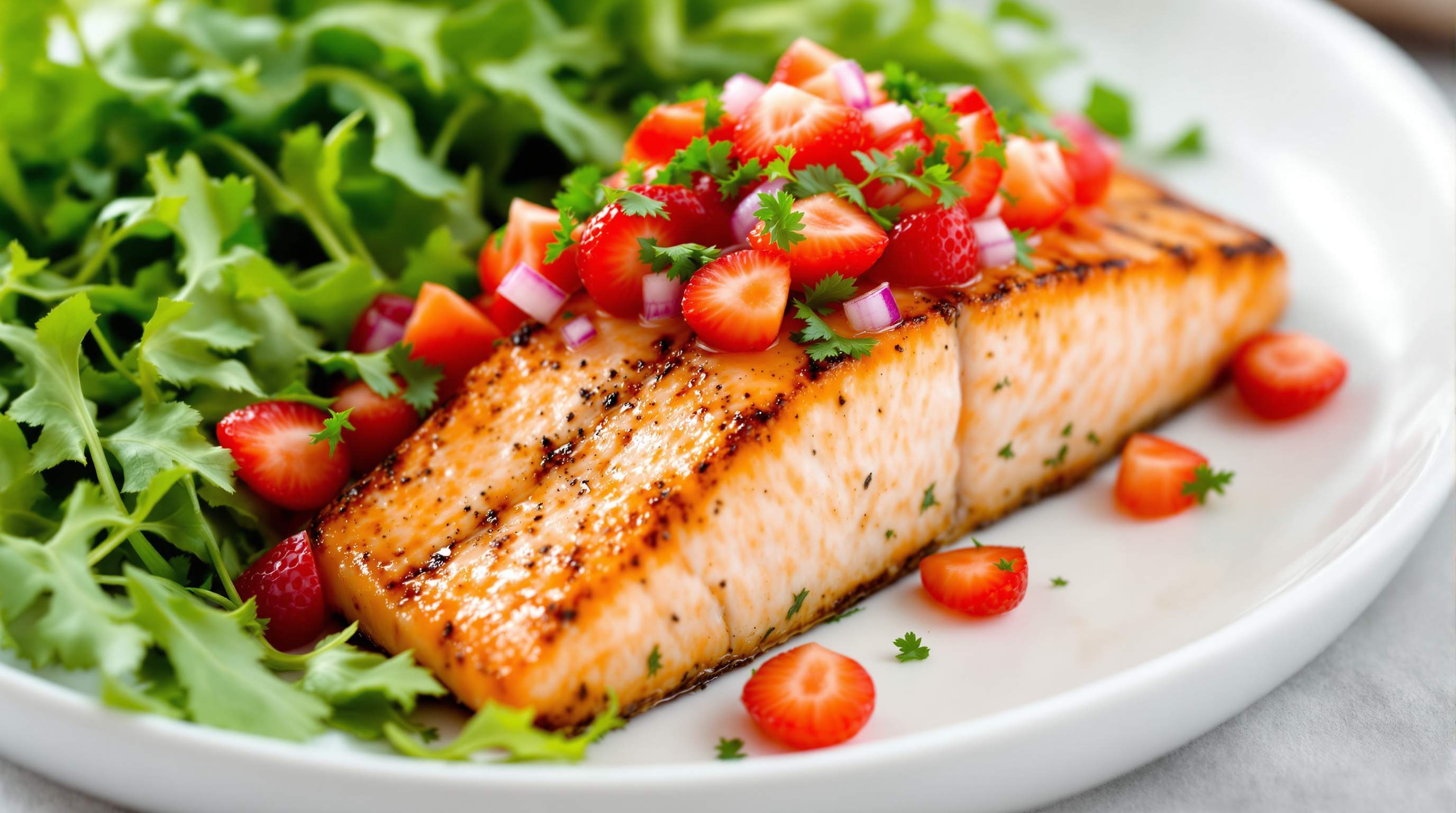Grilled salmon fillet topped with bright strawberry salsa on a ceramic plate