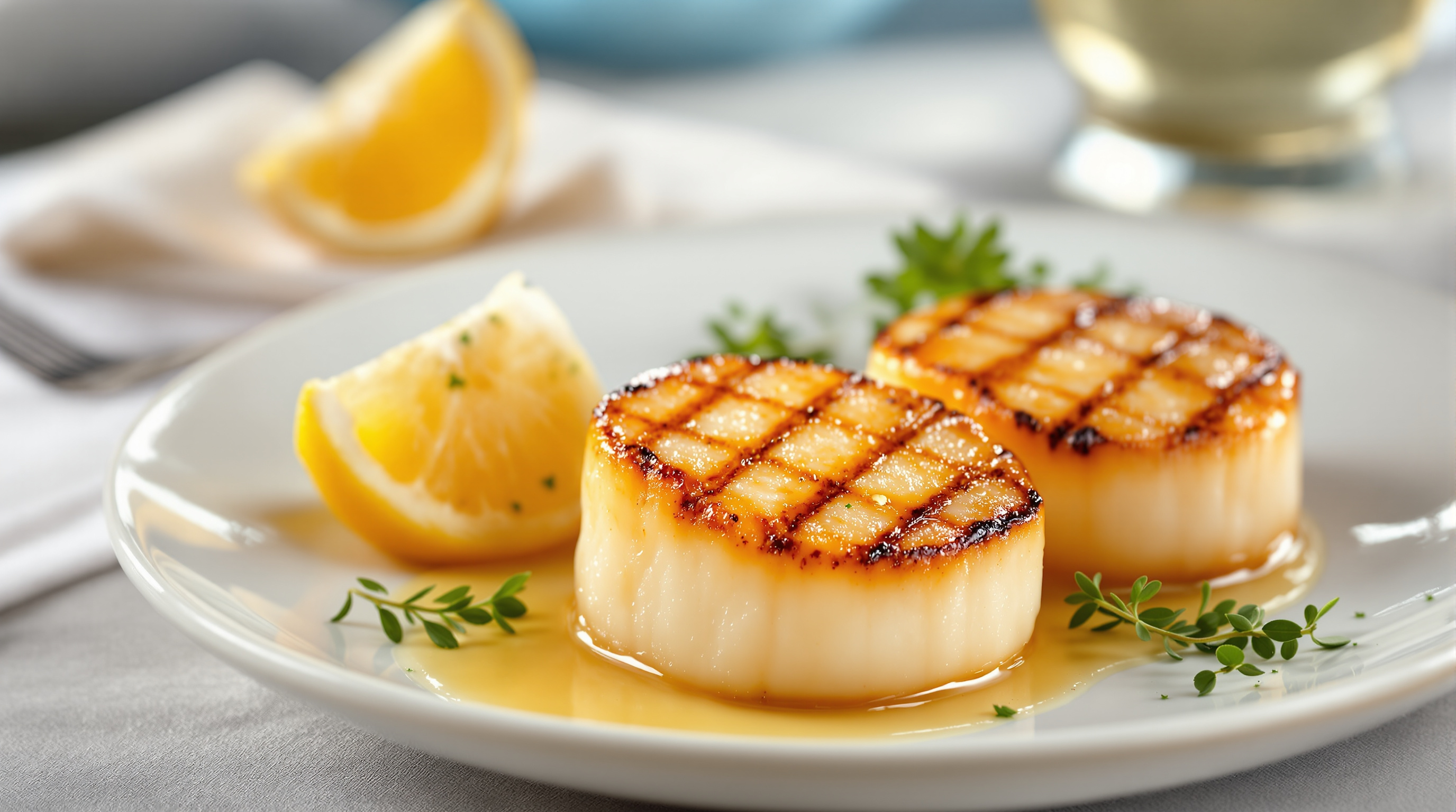 Seared sea scallops with golden grill marks, lemon wedges and microgreens on a white plate