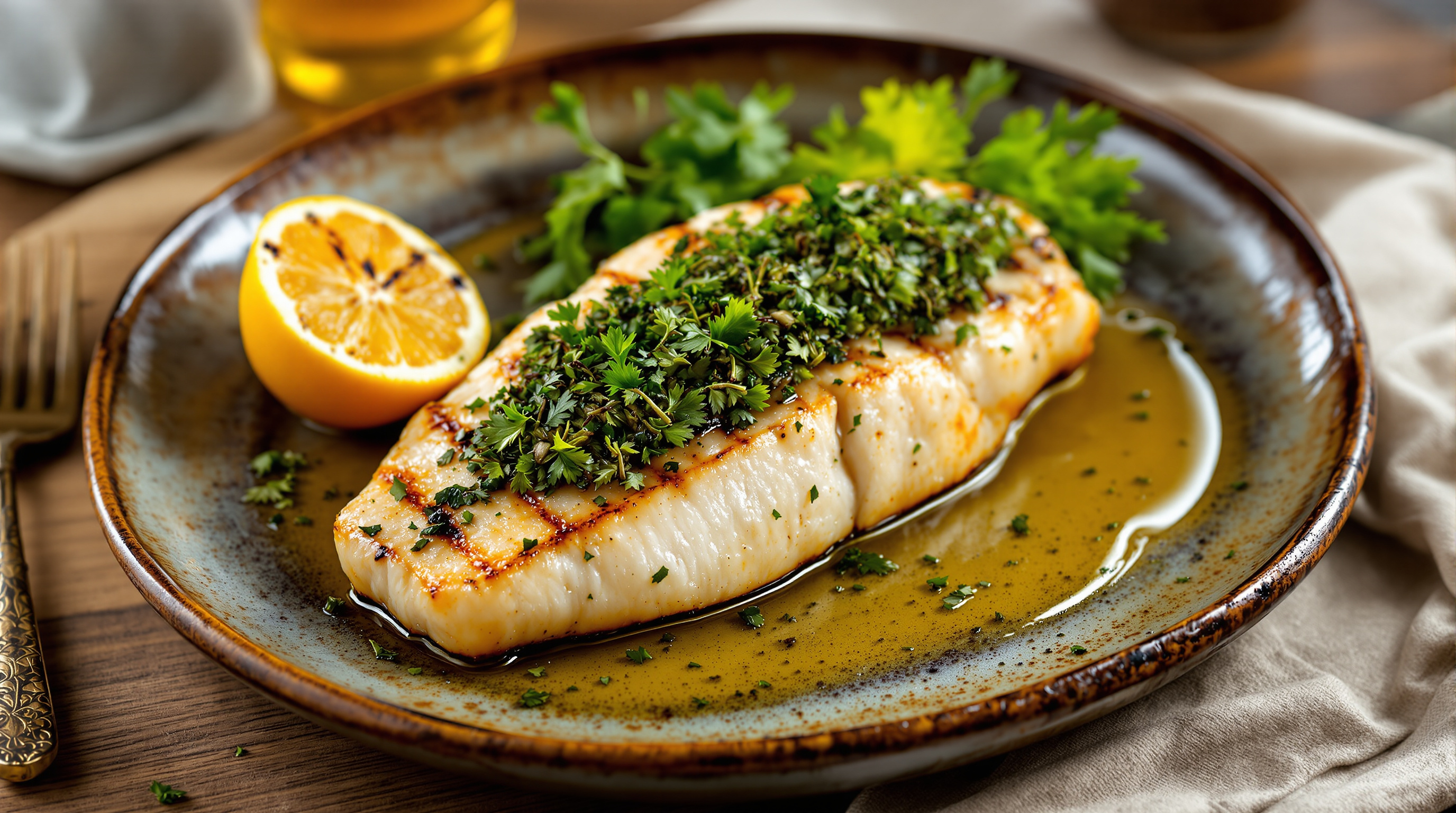 Thick grilled swordfish steak with herb stuffing and charred lemon on a rustic plate