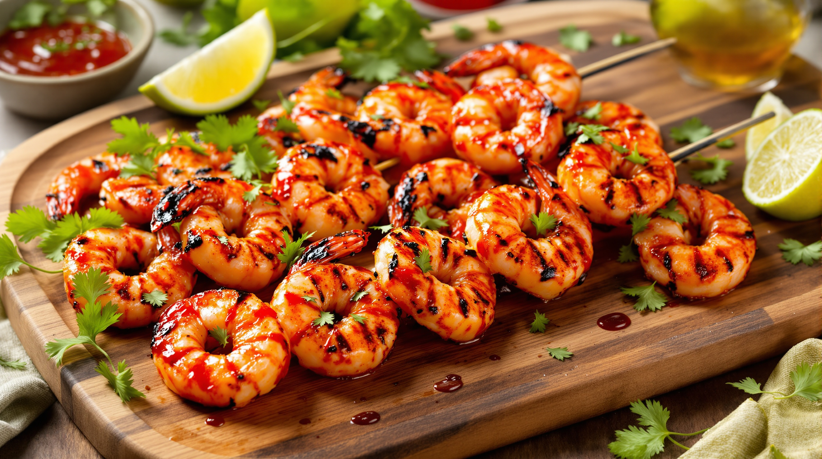 Jumbo grilled shrimp skewers with chili-lime glaze, lime wedges and cilantro