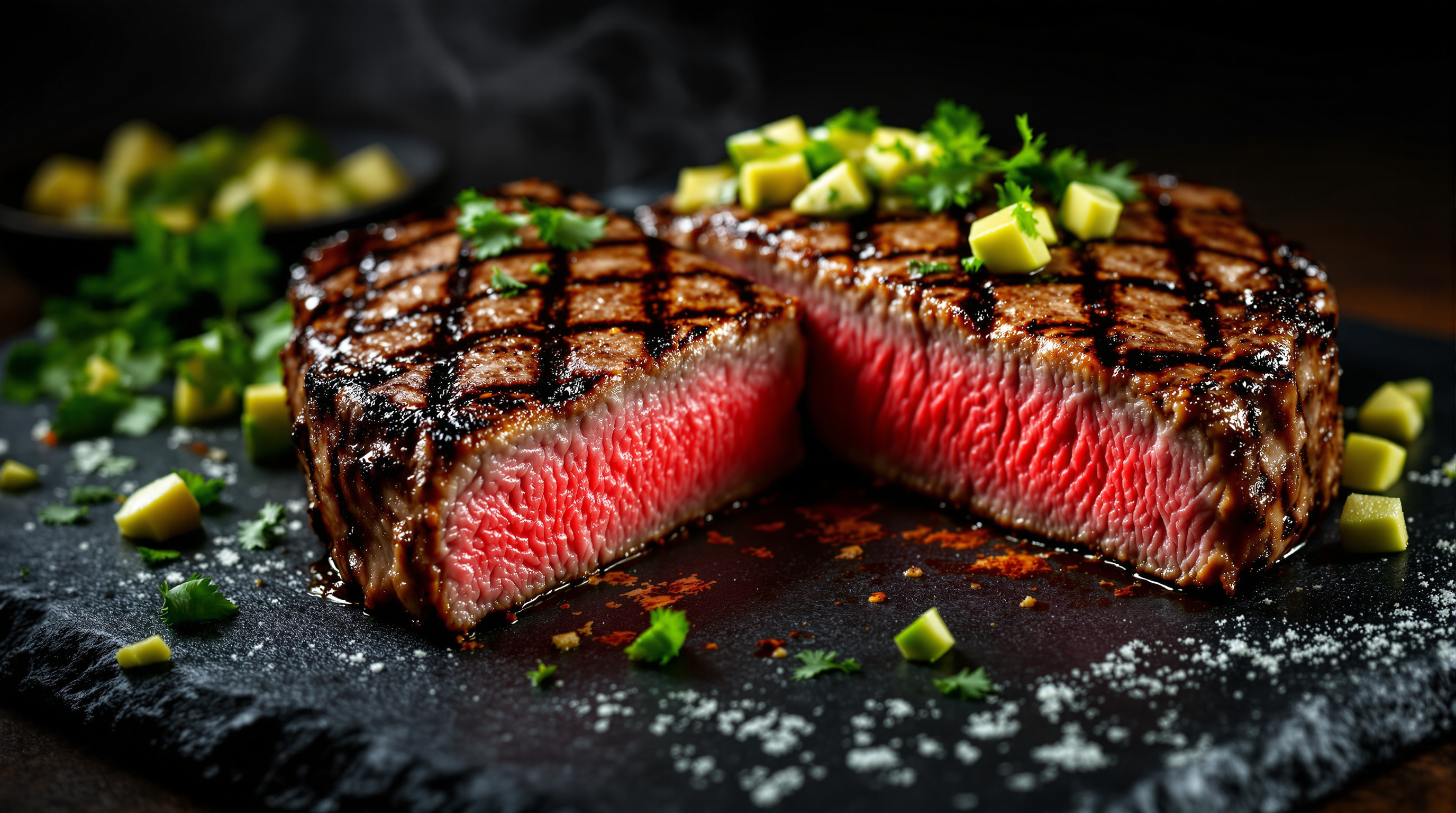 Grilled T-bone steak with crosshatch marks resting on a dark board