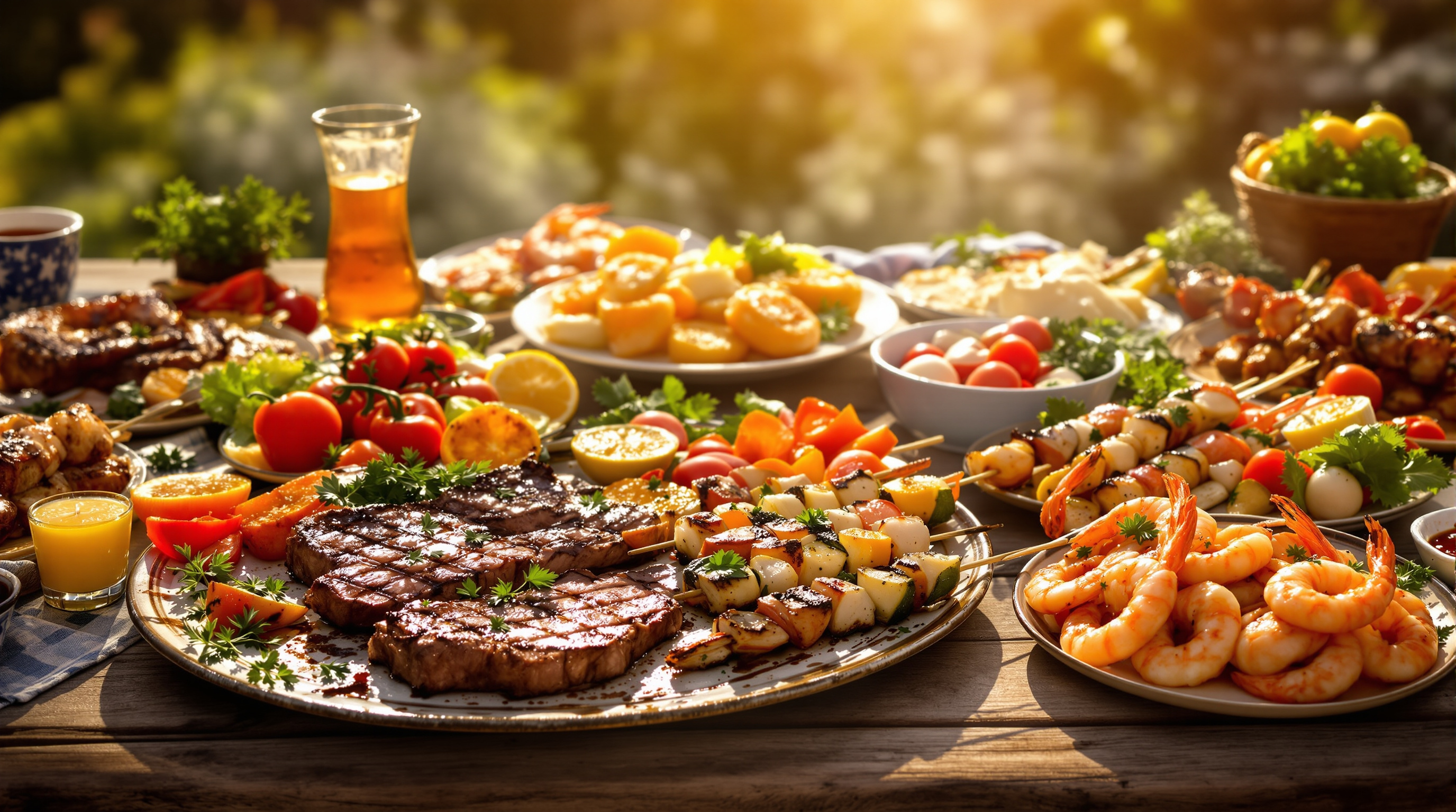 Summer cookout table spread with platters of grilled steak, salmon, shrimp skewers and vegetables